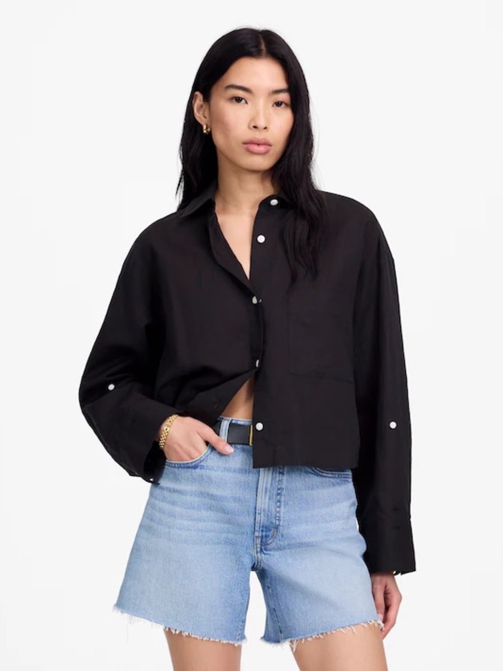Madewell NWT Straight-Hem Linen Cotton Button Up Shirt Black Medium Boxy Crop